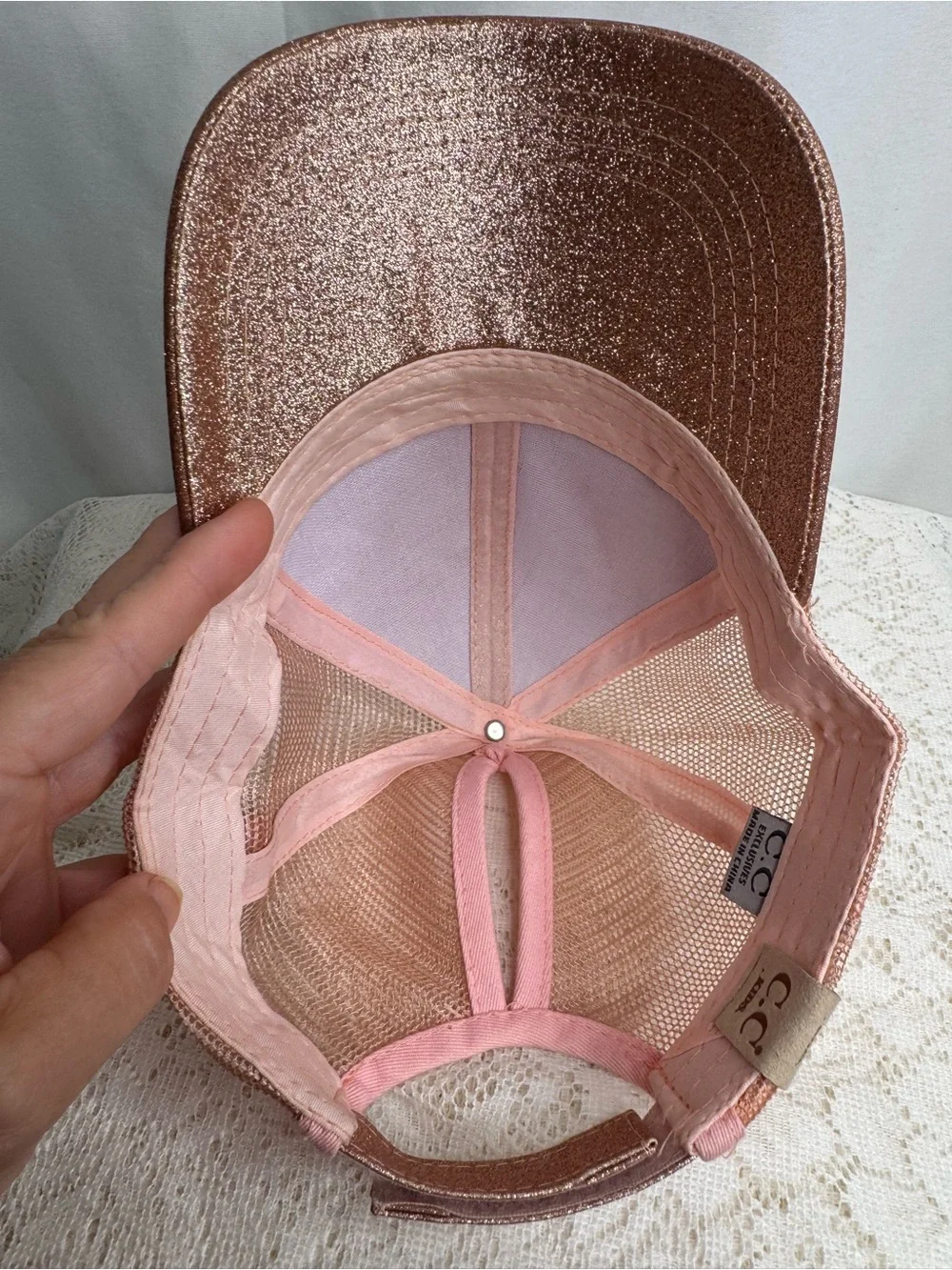 C.C Kids Rose Gold Glitter Ponytail Trucker Hat Adjustable Baseball Cap